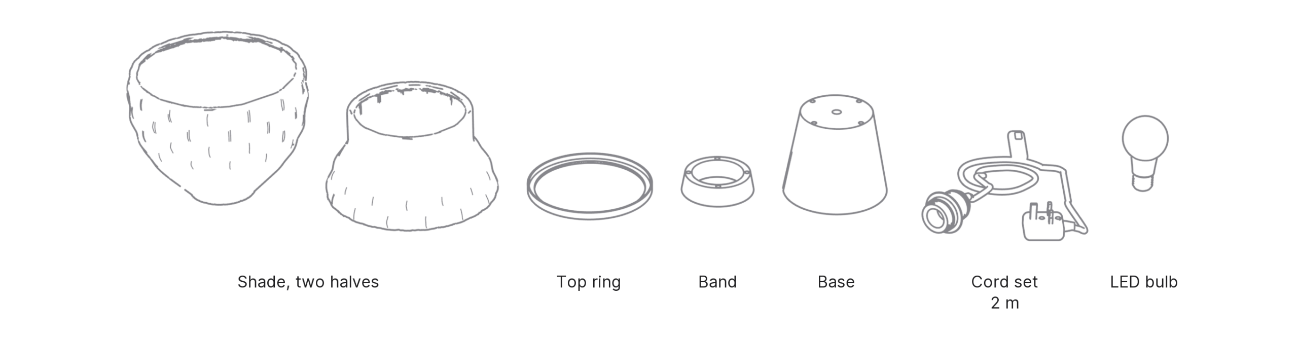 What's in the box with Awa, Large: shade, two halves ×2, top ring, band, base, cord set and LED bulb.