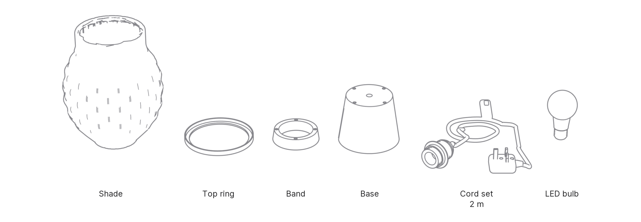 What's in the box with Awa, Medium: shade, top ring, band, base, cord set and LED bulb.