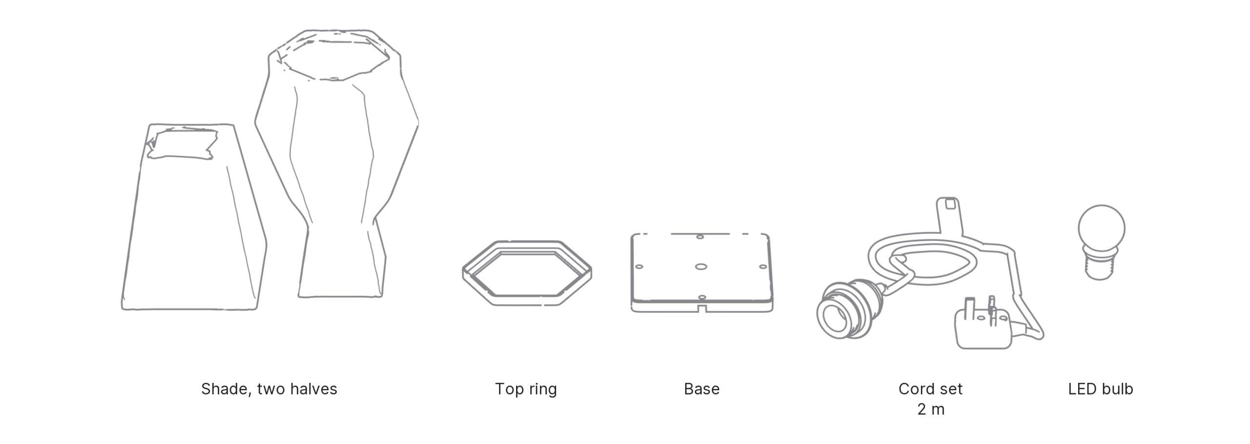 What's in the box with Beacon, Large: shade, two halves ×2, top ring, base, cord set and LED bulb.