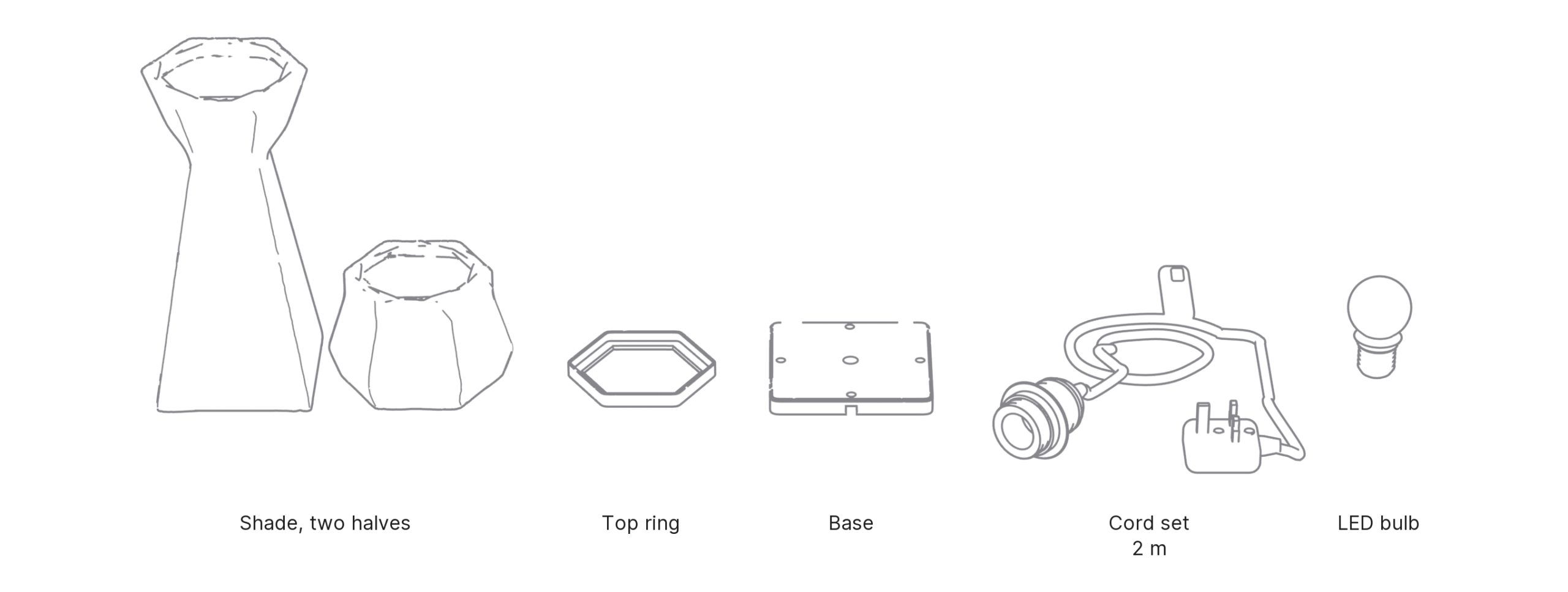 What's in the box with Beacon, Medium: shade, two halves ×2, top ring, base, cord set and LED bulb.