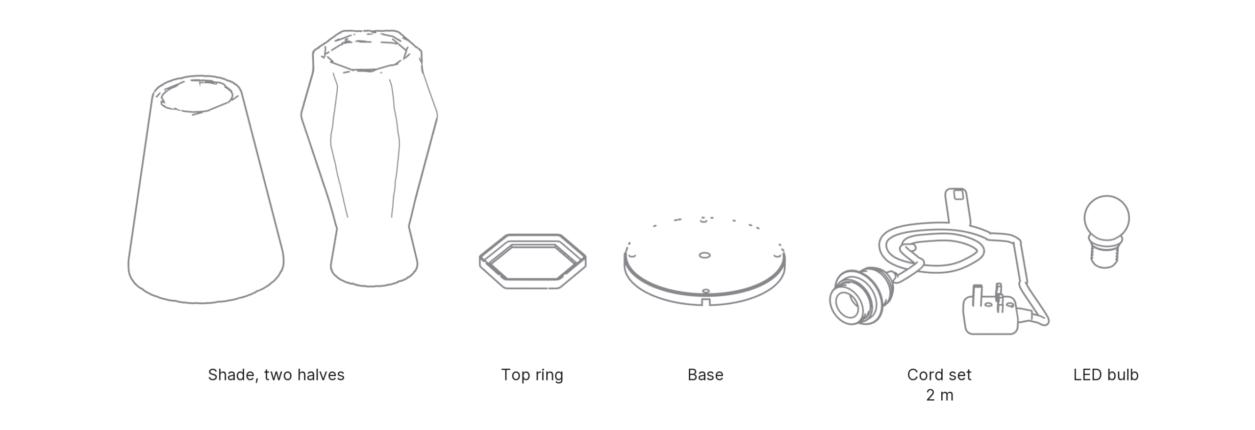 What's in the box with Beaker, Large: shade, two halves ×2, top ring, base, cord set and LED bulb.