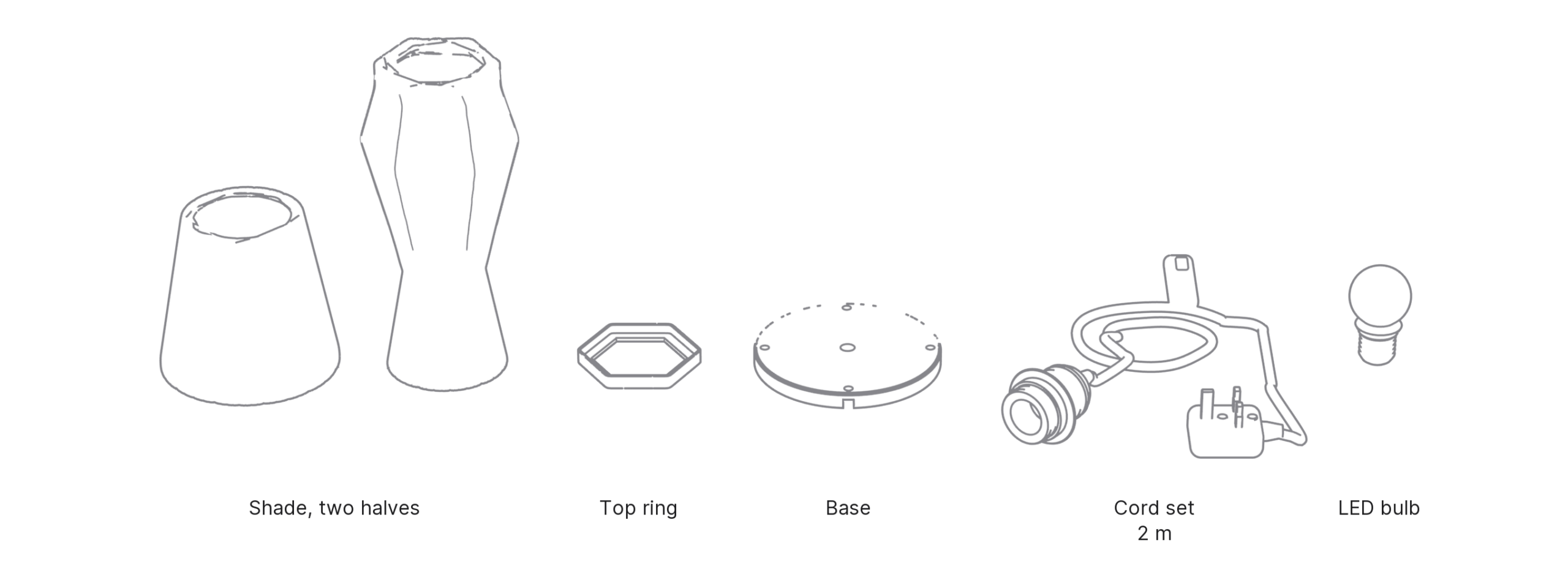 What's in the box with Beaker, Medium: shade, two halves ×2, top ring, base, cord set and LED bulb.