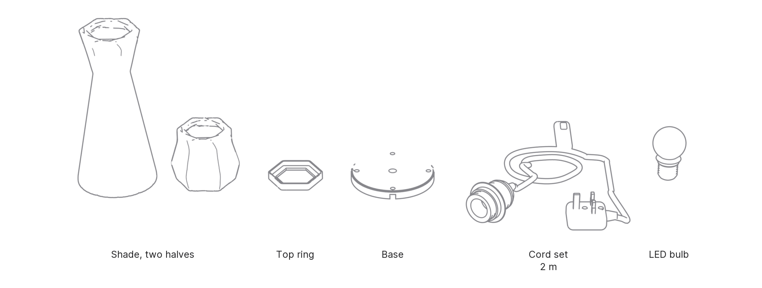 What's in the box with Beaker, Small: shade, two halves ×2, top ring, base, cord set and LED bulb.