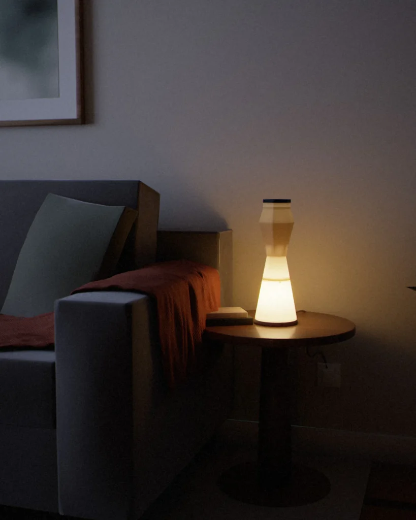 Beaker lit in a furnished room in the evening