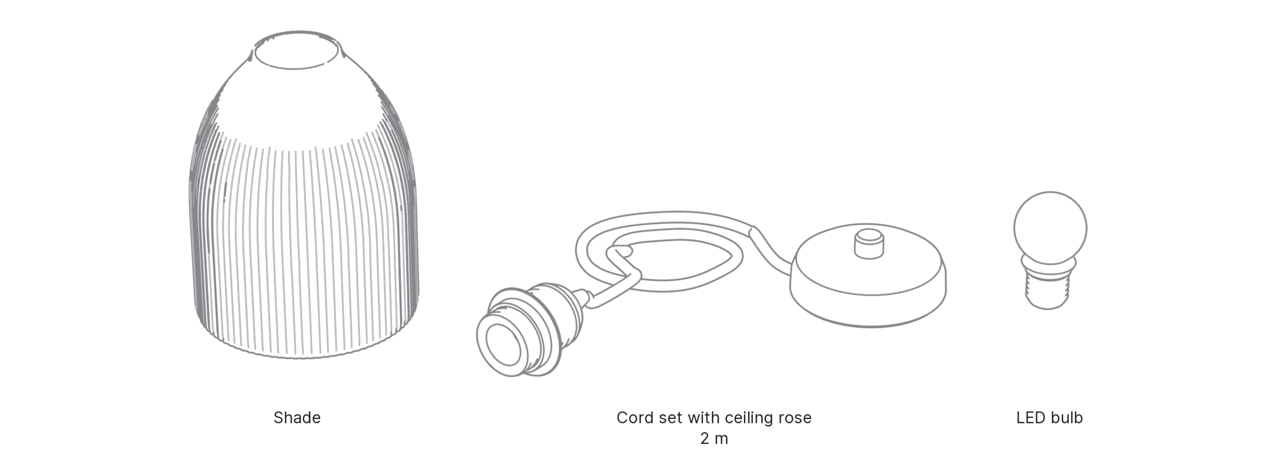 What's in the box with Bell, Small: shade, cord set with ceiling rose and LED bulb.