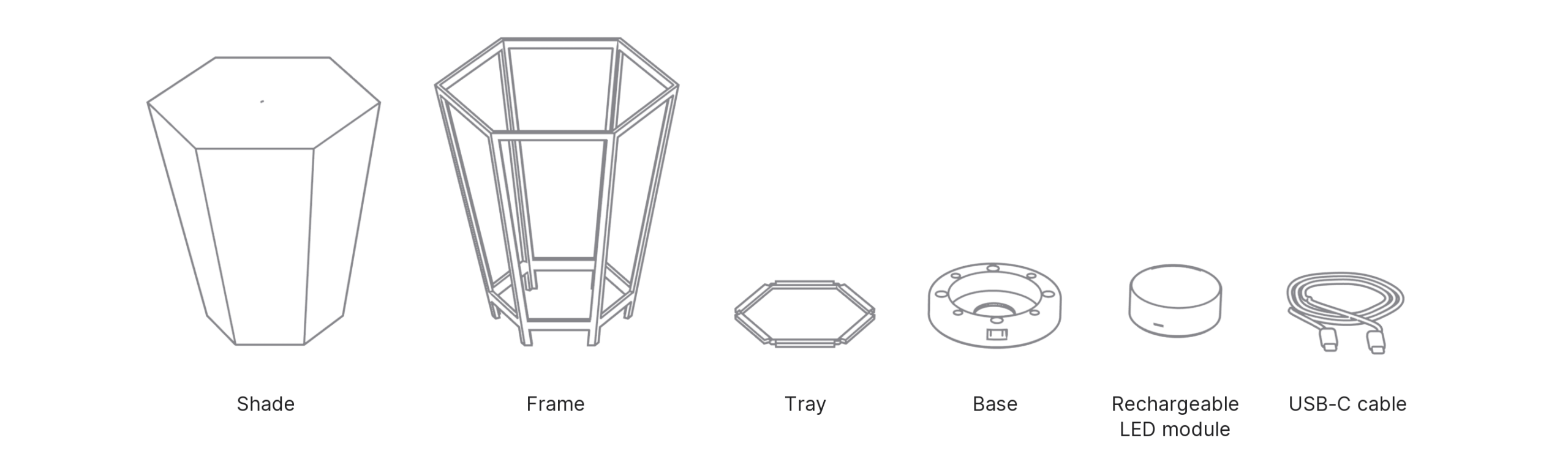 What's in the box with Bonbori: shade, frame, tray, base, rechargeable LED module and uSB-C cable.