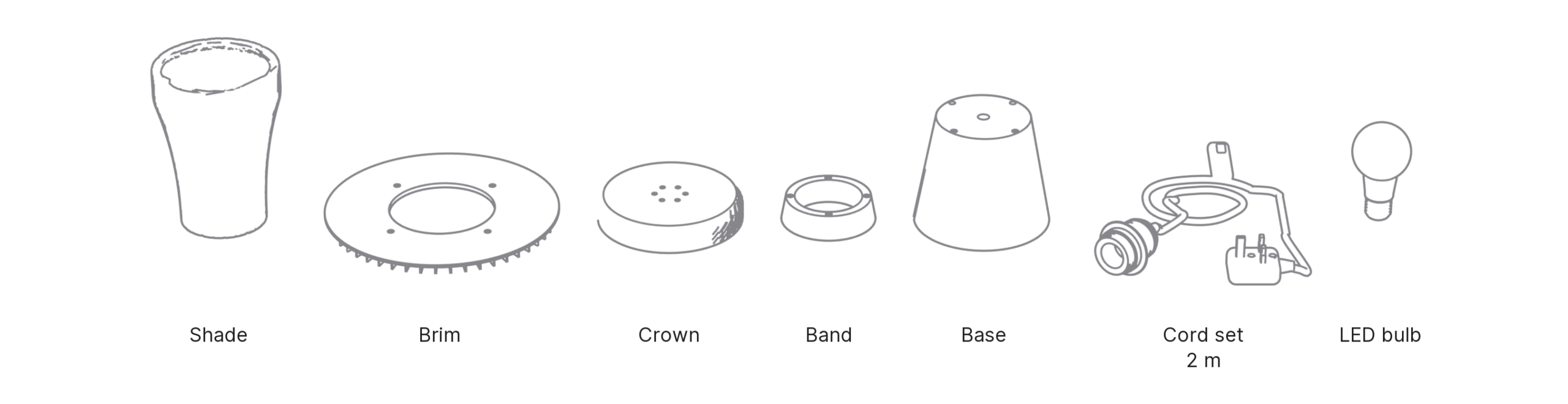 What's in the box with Bōshi, Large: shade, brim, crown, band, base, cord set and LED bulb.