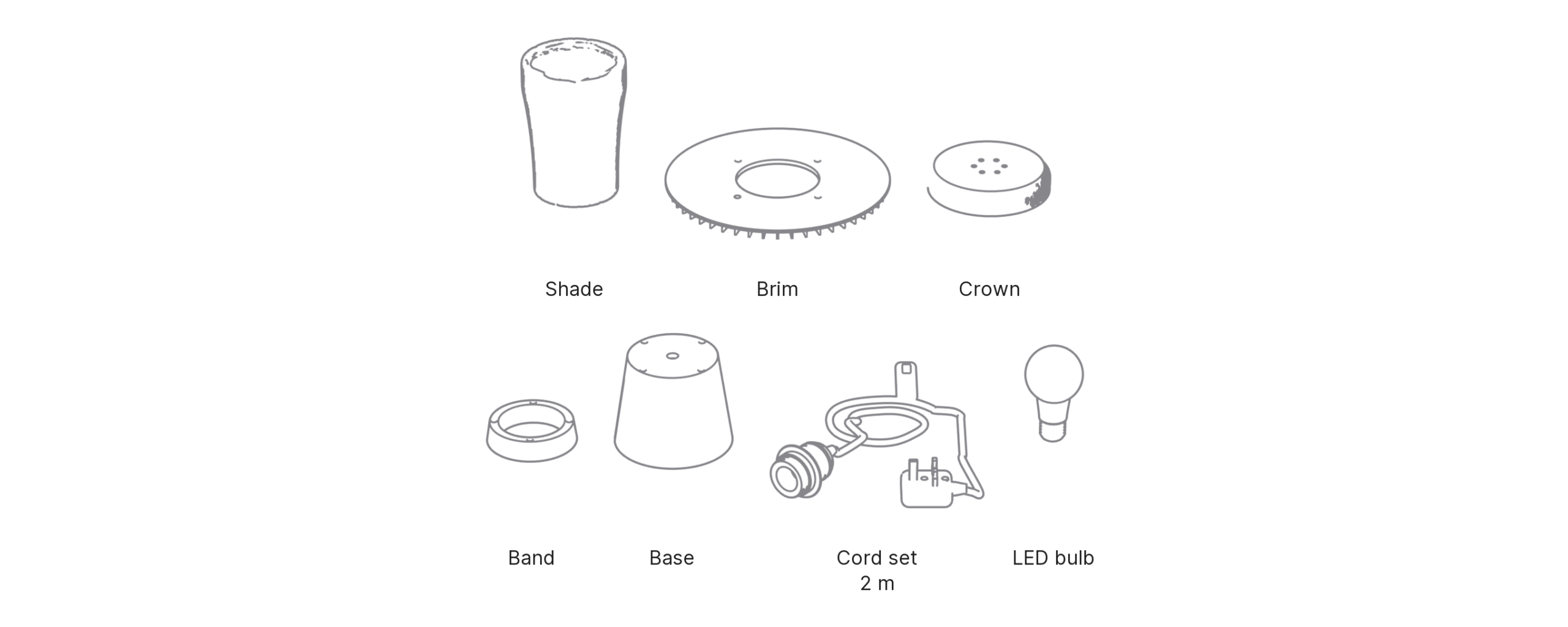 What's in the box with Bōshi, Medium: shade, brim, crown, band, base, cord set and LED bulb.