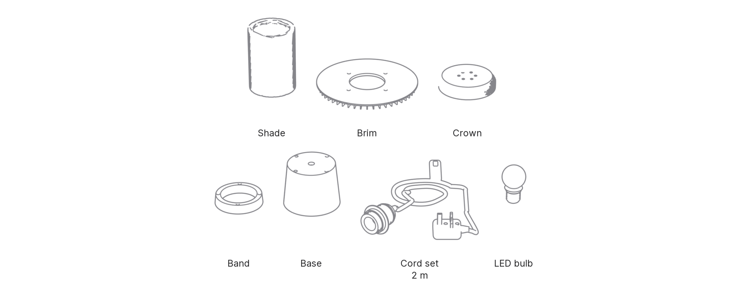 What's in the box with Bōshi, Small: shade, brim, crown, band, base, cord set and LED bulb.