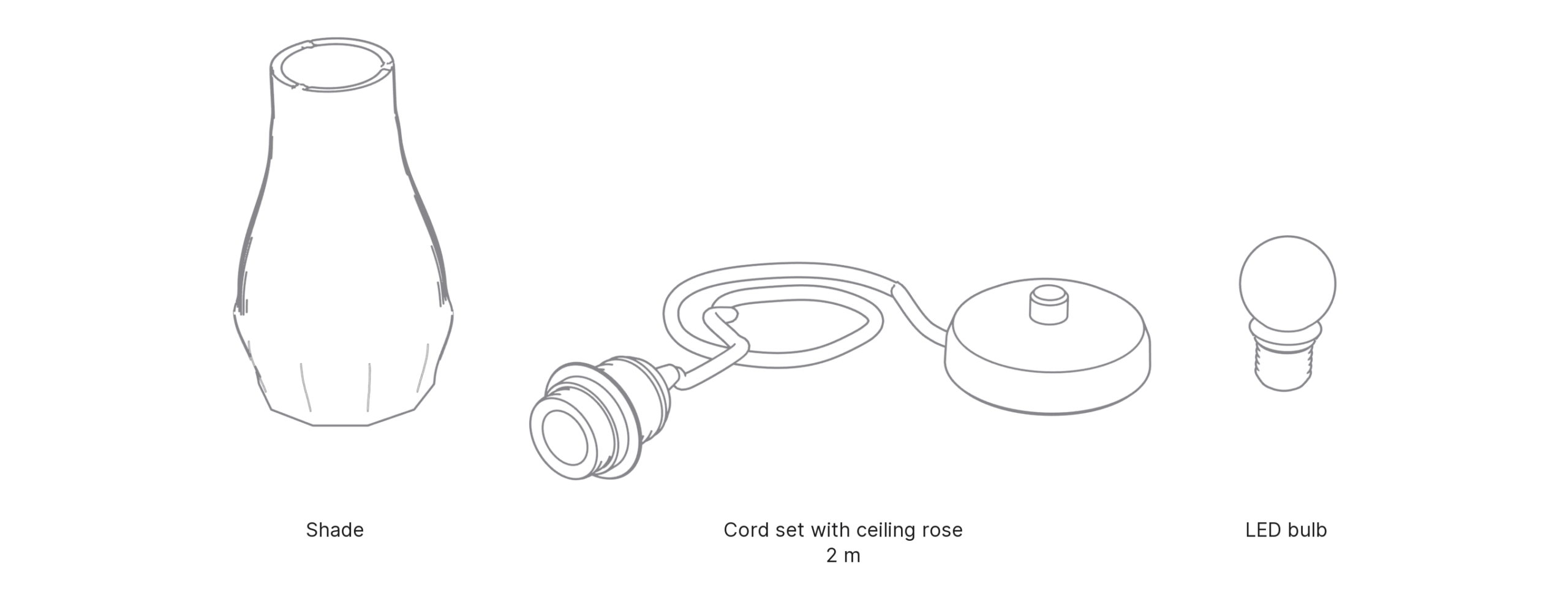 What's in the box with Bottle, Small: shade, cord set with ceiling rose and LED bulb.