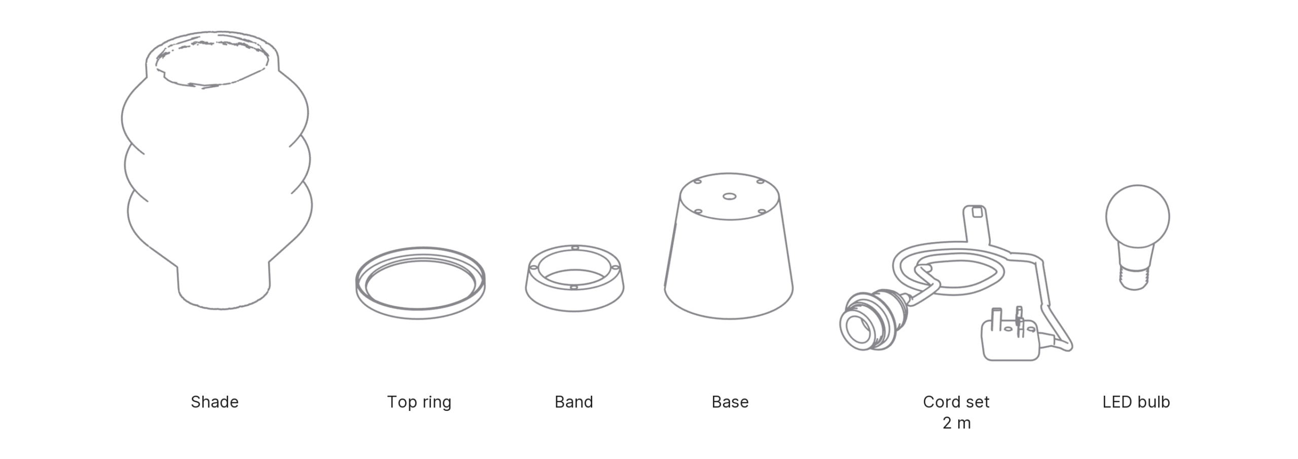 What's in the box with Bubbles, Medium: shade, top ring, band, base, cord set and LED bulb.