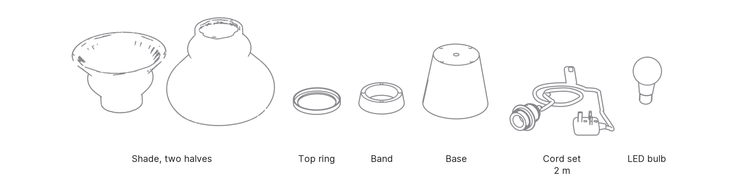 What's in the box with Bulb, Large: shade, two halves ×2, top ring, band, base, cord set and LED bulb.