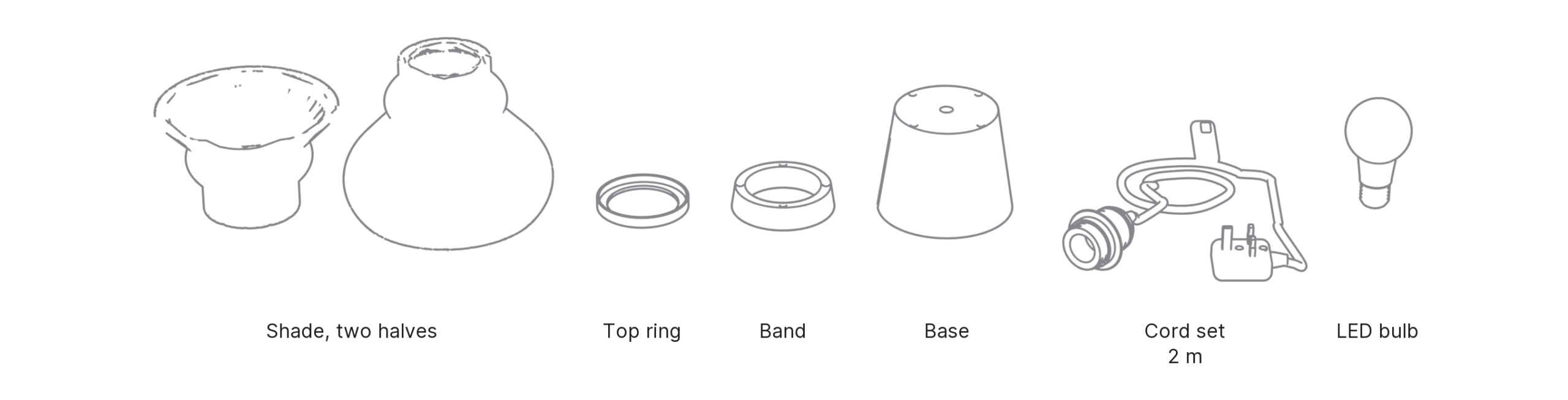 What's in the box with Bulb, Medium: shade, two halves ×2, top ring, band, base, cord set and LED bulb.