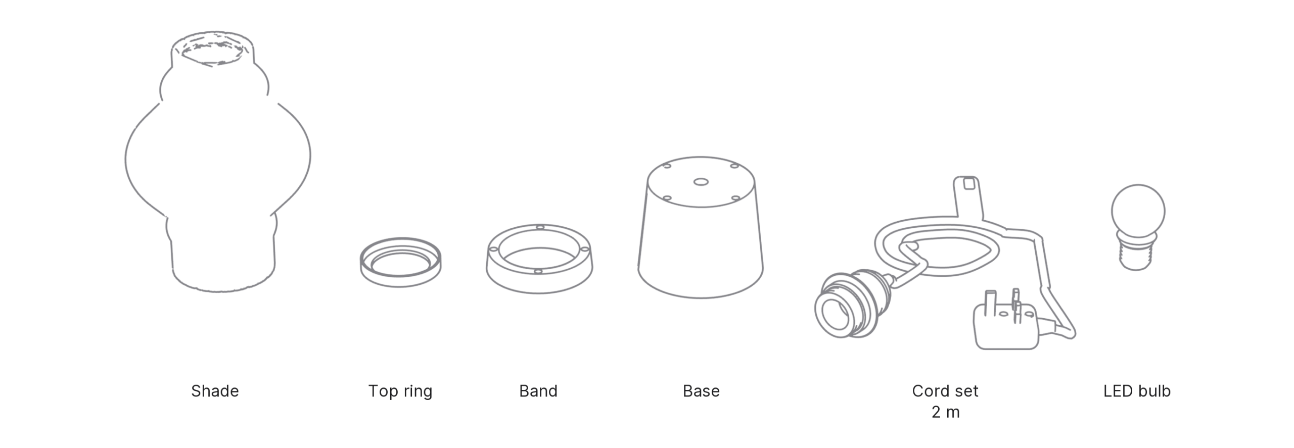 What's in the box with Bulb, Small: shade, top ring, band, base, cord set and LED bulb.