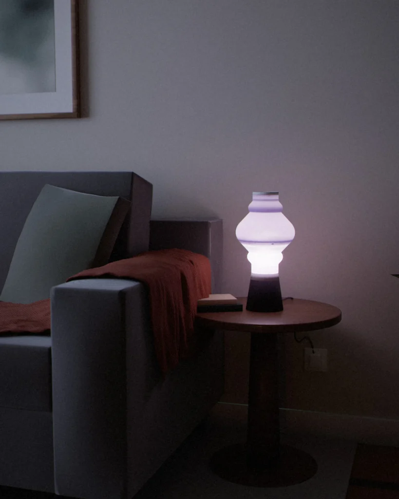 Bulb lit in a furnished room in the evening