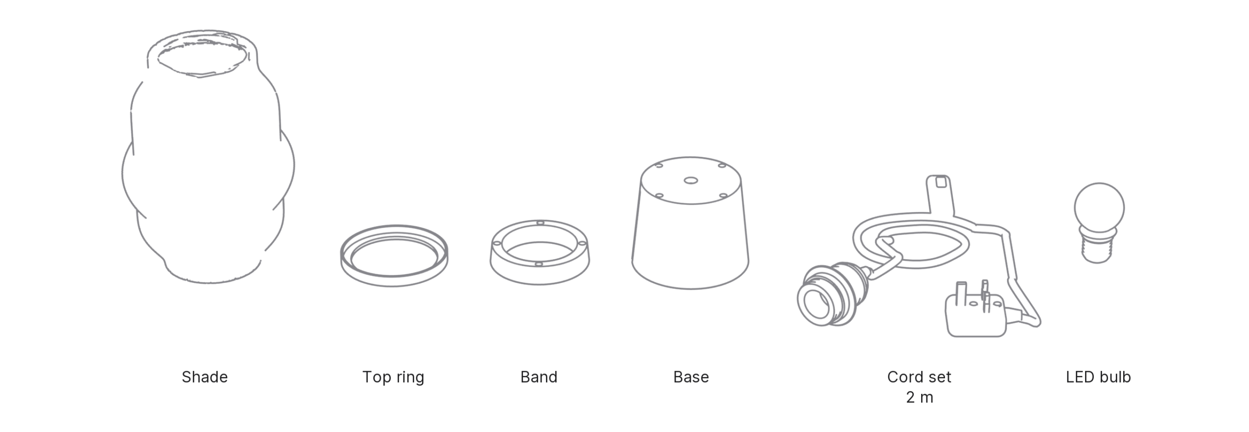 What's in the box with Capsule, Small: shade, top ring, band, base, cord set and LED bulb.