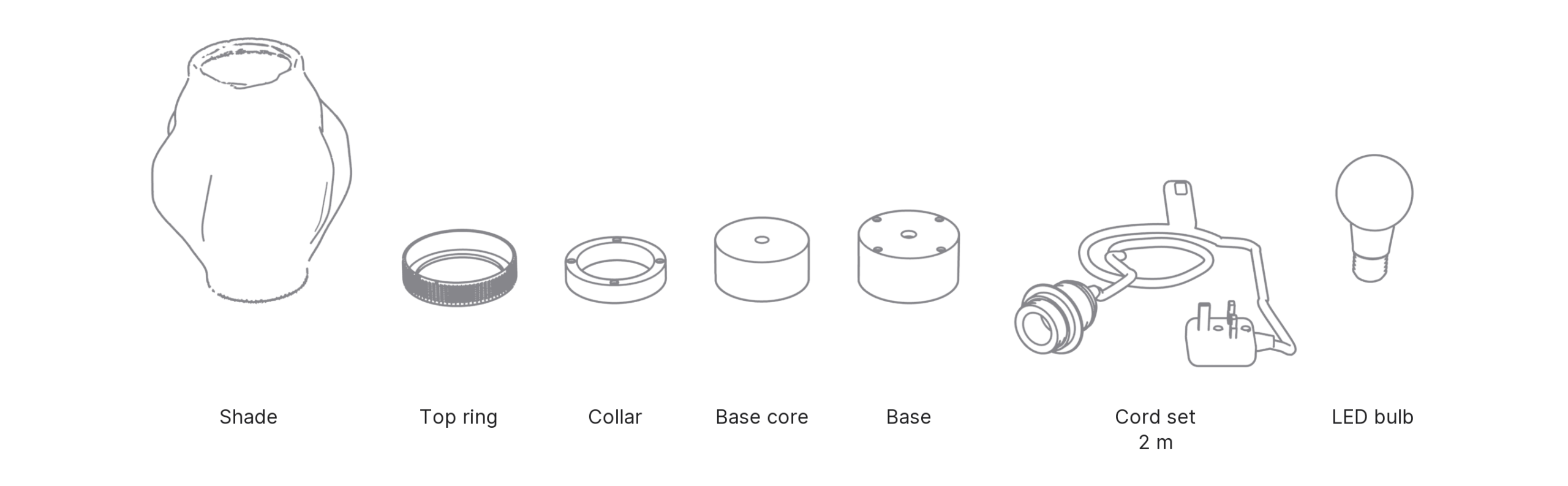 What's in the box with Chōchin, Small: shade, top ring, collar, base core, base, cord set and LED bulb.