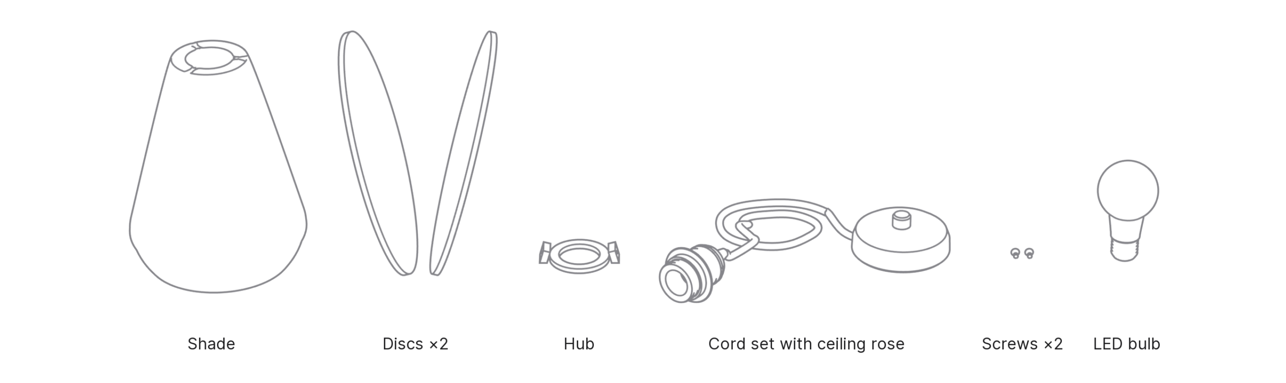 What's in the box with Clam, Large: shade, discs ×2, hub, cord set with ceiling rose, screws ×2 and LED bulb.