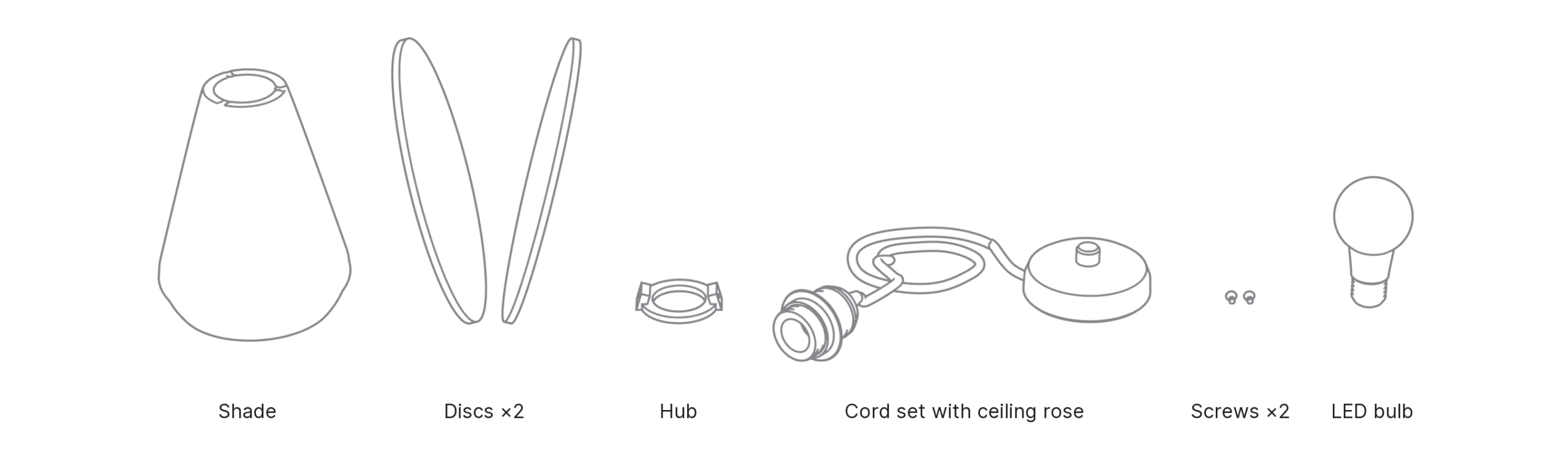What's in the box with Clam, Medium: shade, discs ×2, hub, cord set with ceiling rose, screws ×2 and LED bulb.
