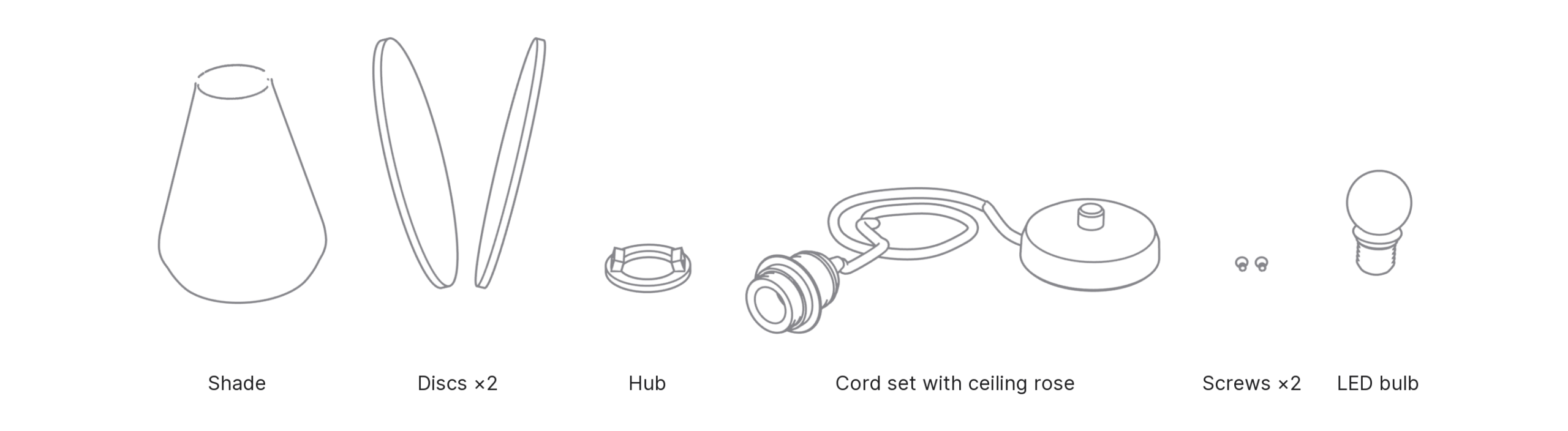 What's in the box with Clam, Small: shade, discs ×2, hub, cord set with ceiling rose, screws ×2 and LED bulb.