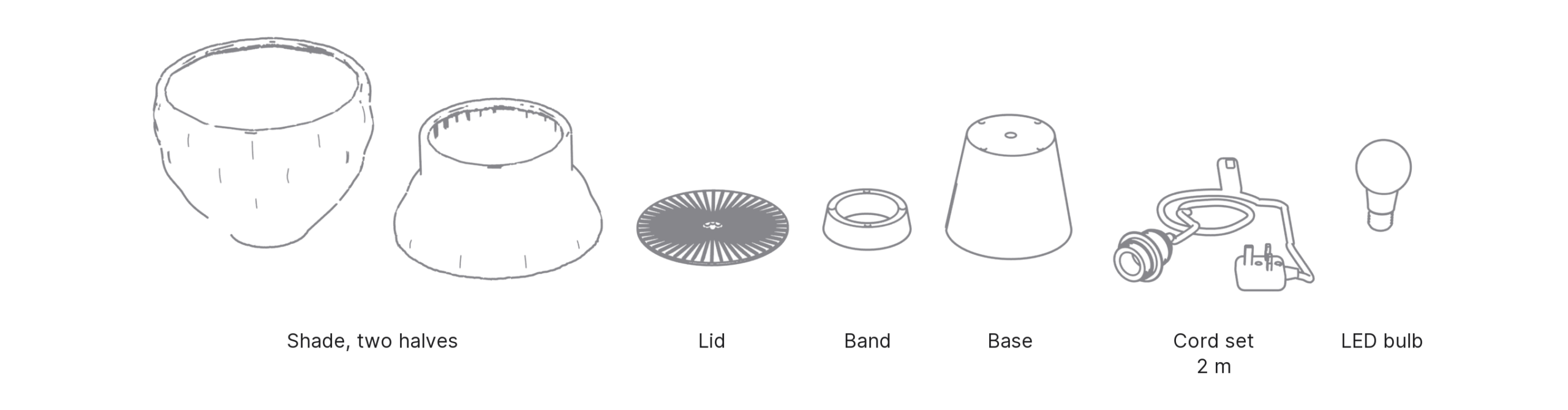 What's in the box with Cloud, Large: shade, two halves ×2, lid, band, base, cord set and LED bulb.