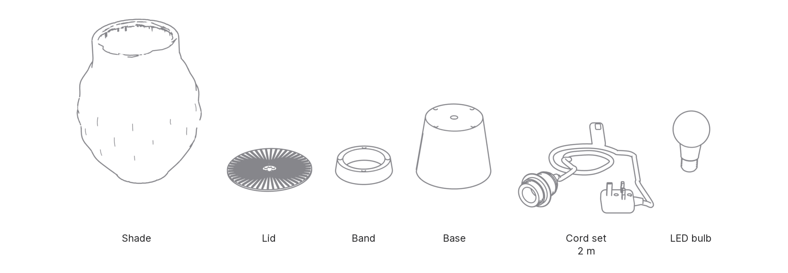 What's in the box with Cloud, Medium: shade, lid, band, base, cord set and LED bulb.