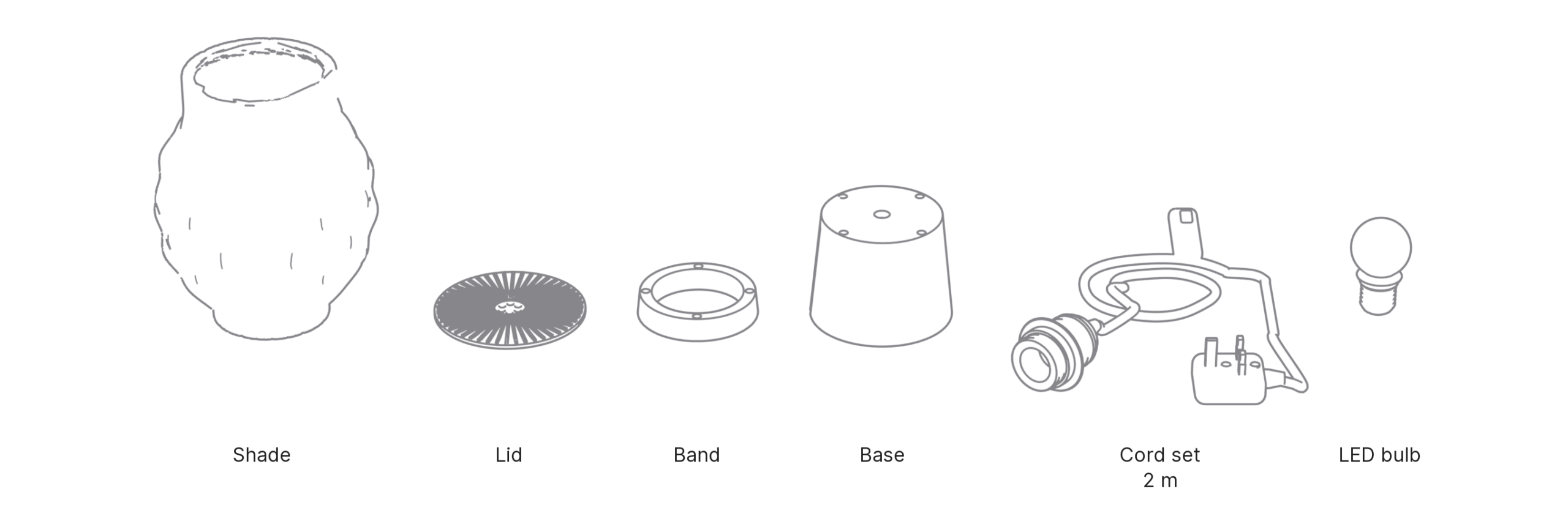 What's in the box with Cloud, Small: shade, lid, band, base, cord set and LED bulb.