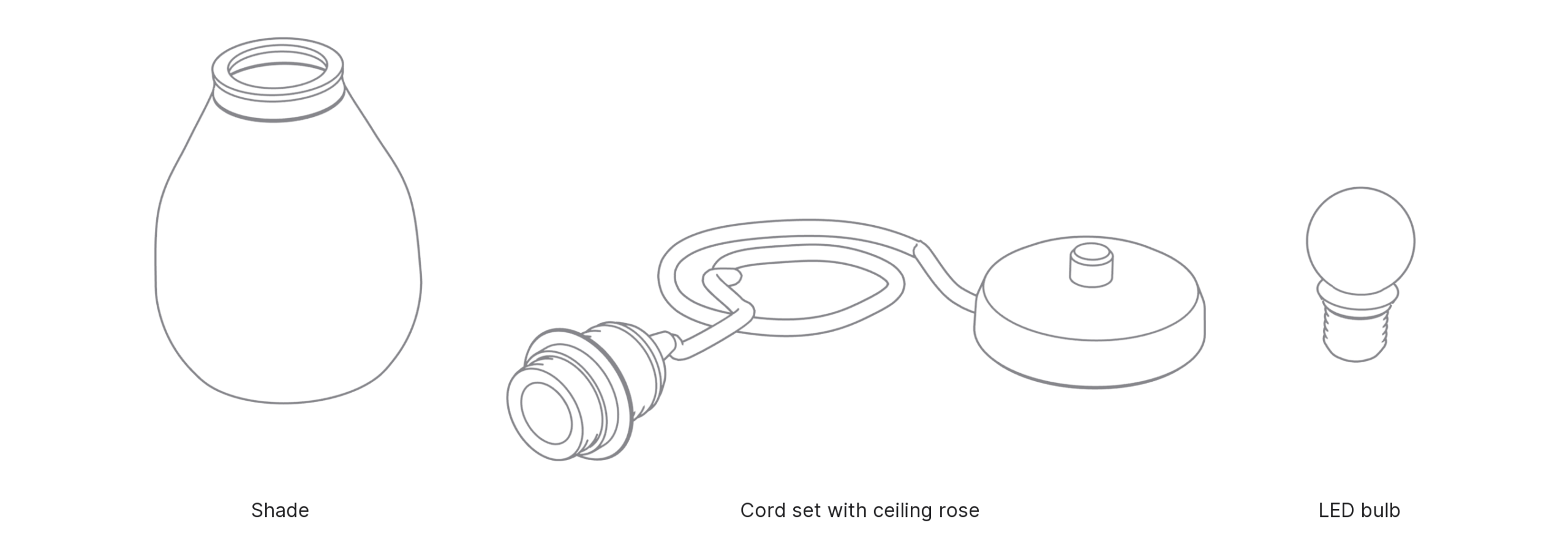 What's in the box with Cocoon, Small: shade, cord set with ceiling rose and LED bulb.