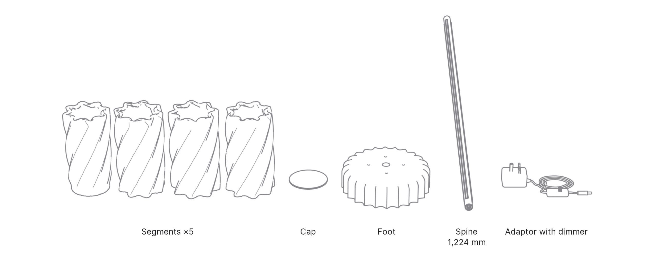 What's in the box with Column: segments ×5, cap, foot, spine 1,224 mm and adaptor with dimmer.