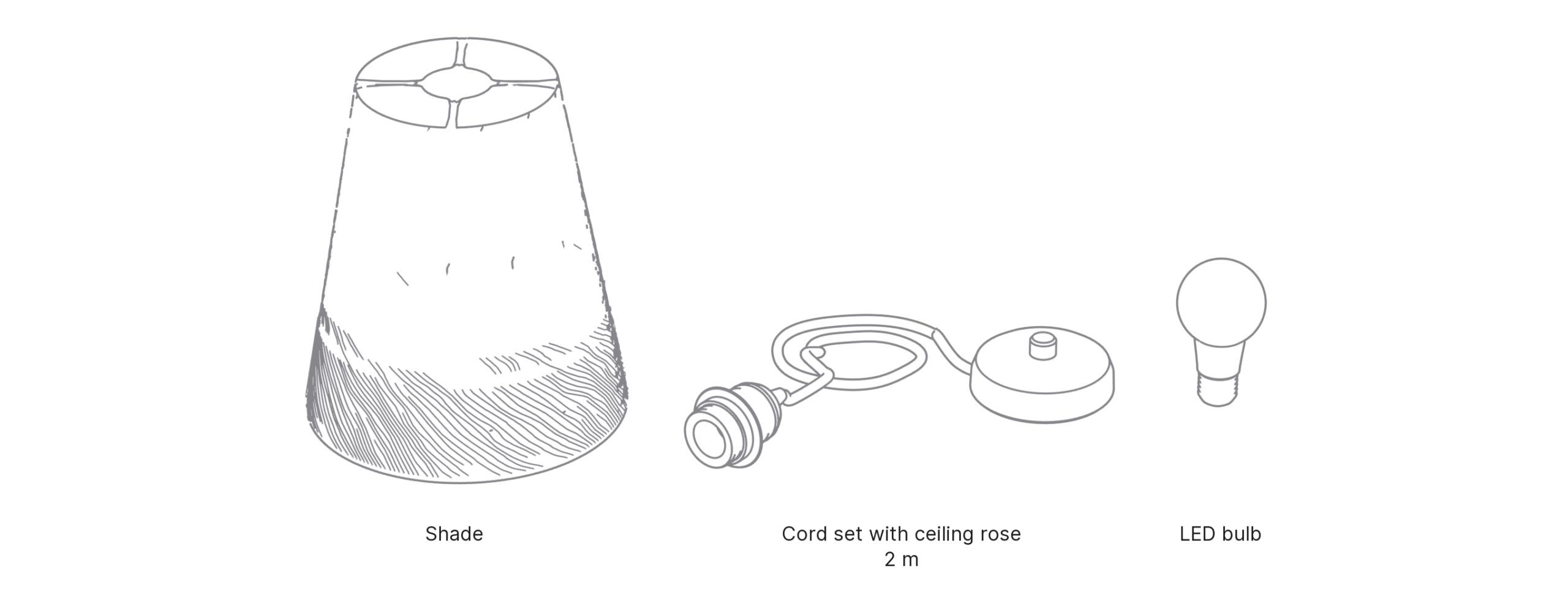 What's in the box with Cone, Large: shade, cord set with ceiling rose and LED bulb.