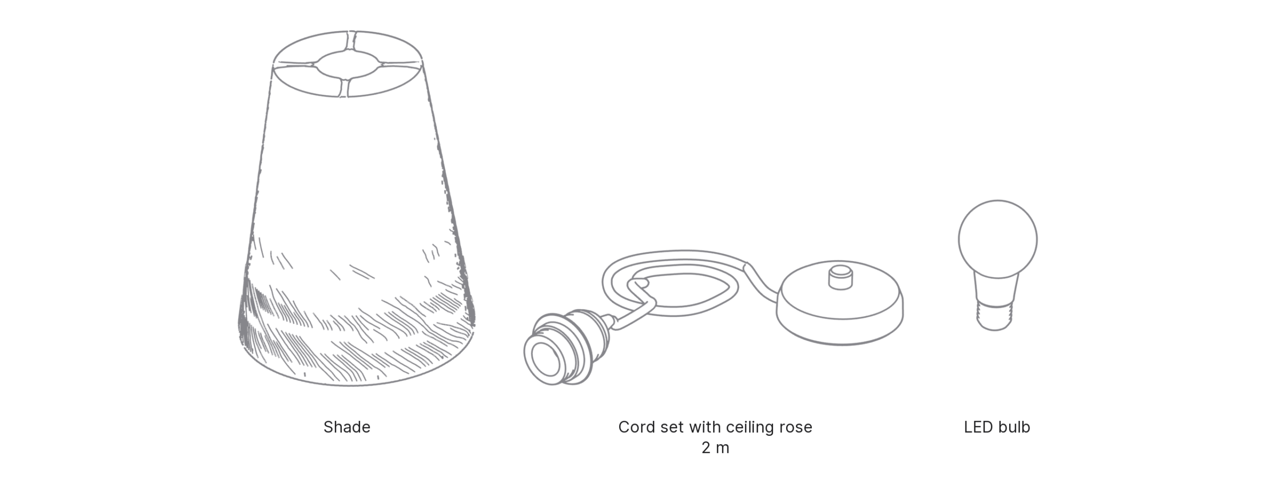 What's in the box with Cone, Medium: shade, cord set with ceiling rose and LED bulb.