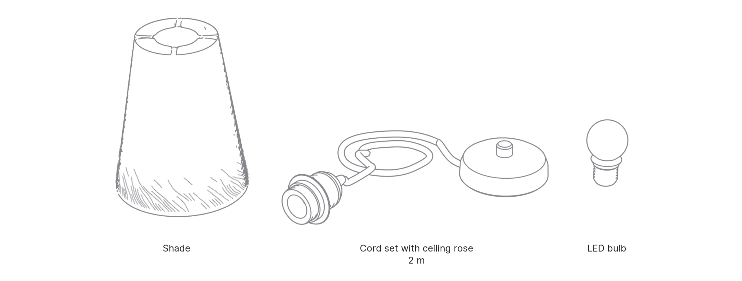 What's in the box with Cone, Small: shade, cord set with ceiling rose and LED bulb.