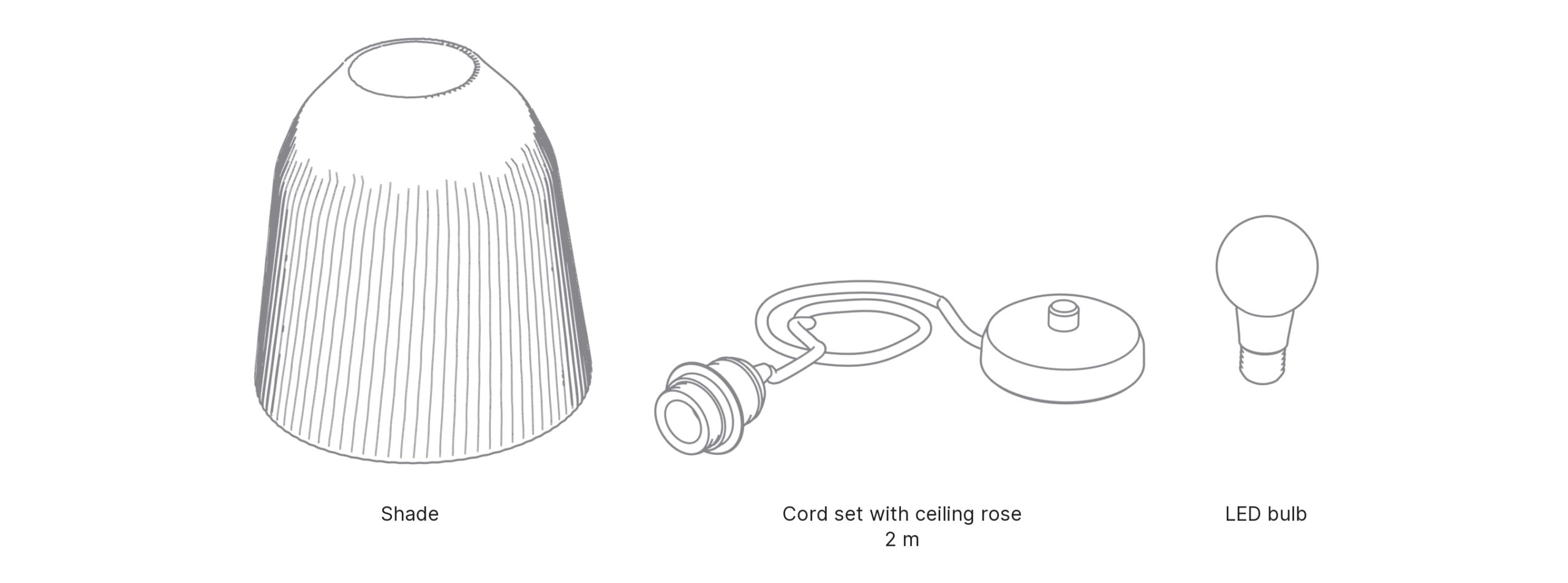 What's in the box with Cup, Large: shade, cord set with ceiling rose and LED bulb.