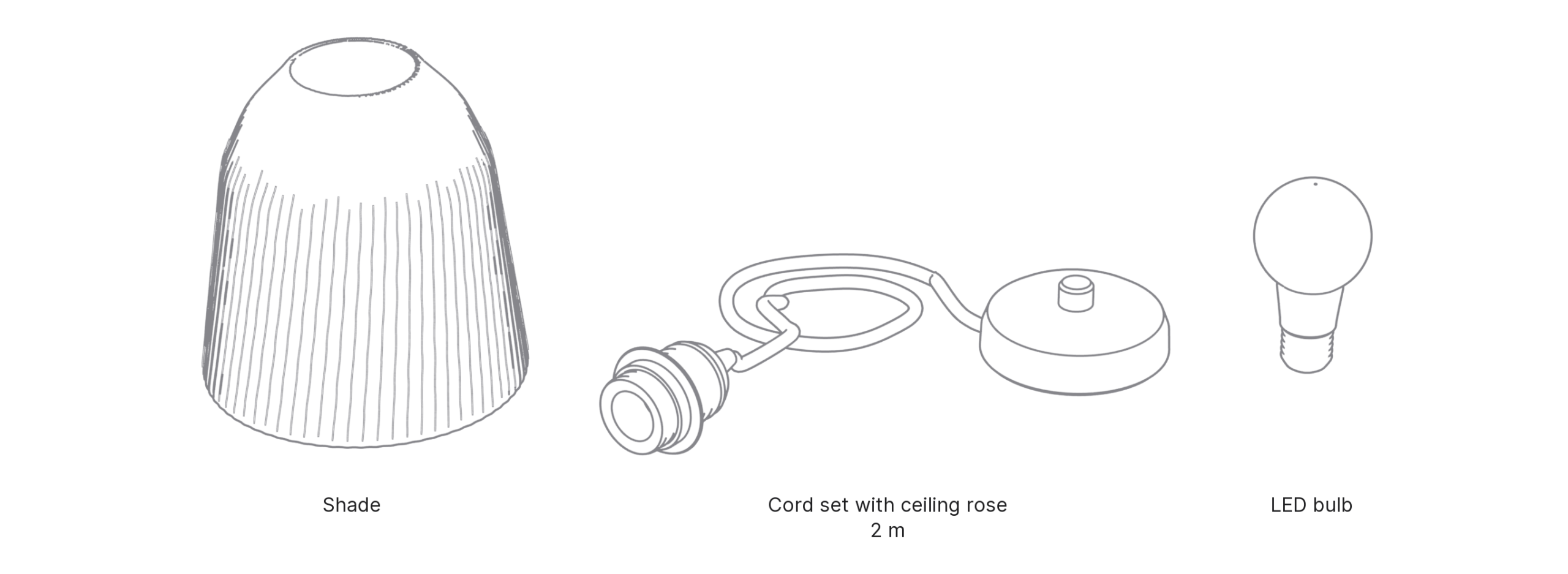 What's in the box with Cup, Medium: shade, cord set with ceiling rose and LED bulb.