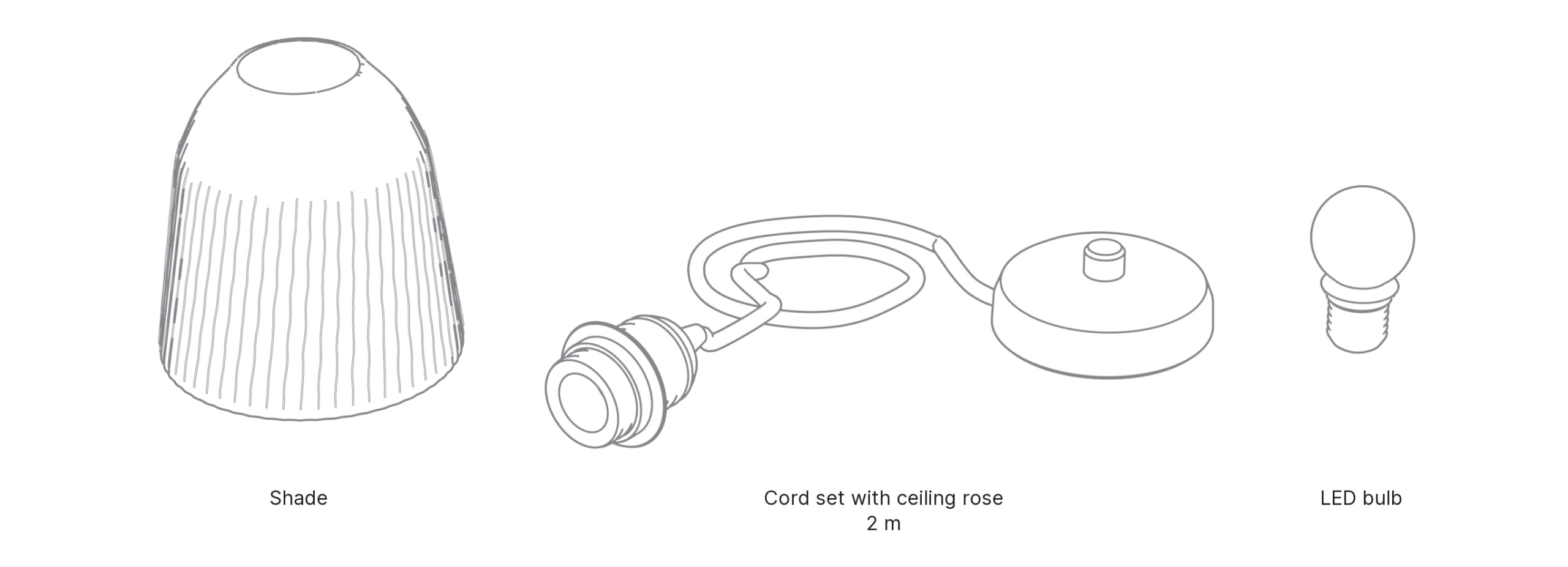What's in the box with Cup, Small: shade, cord set with ceiling rose and LED bulb.