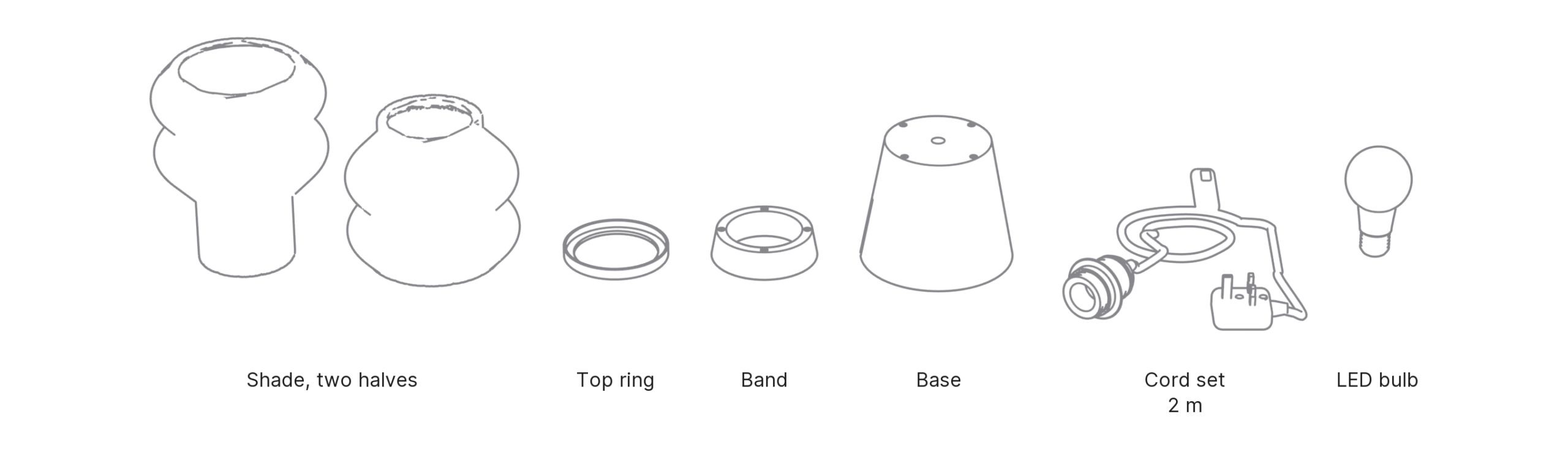 What's in the box with Dango, Large: shade, two halves ×2, top ring, band, base, cord set and LED bulb.