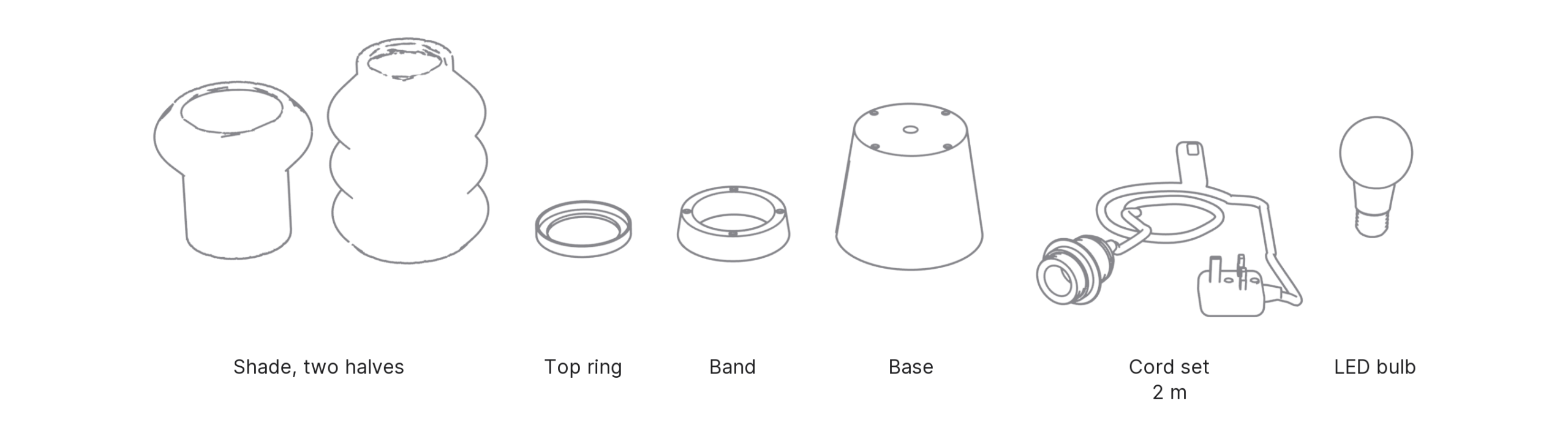 What's in the box with Dango, Medium: shade, two halves ×2, top ring, band, base, cord set and LED bulb.