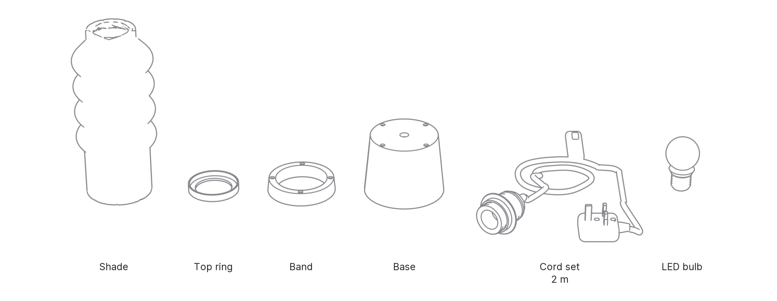What's in the box with Dango, Small: shade, top ring, band, base, cord set and LED bulb.