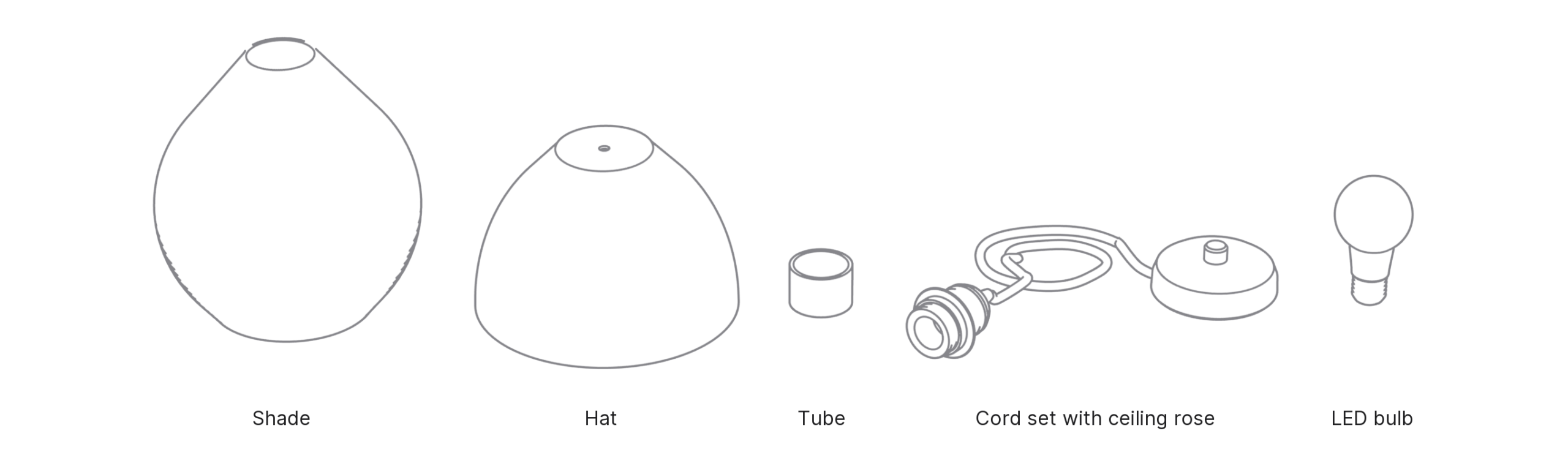 What's in the box with Dome, Large: shade, hat, tube, cord set with ceiling rose and LED bulb.