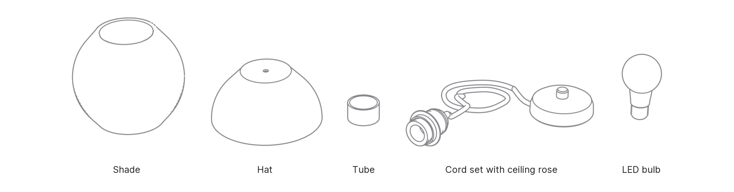 What's in the box with Dome, Medium: shade, hat, tube, cord set with ceiling rose and LED bulb.