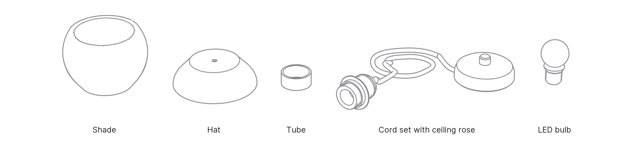 What's in the box with Dome, Small: shade, hat, tube, cord set with ceiling rose and LED bulb.