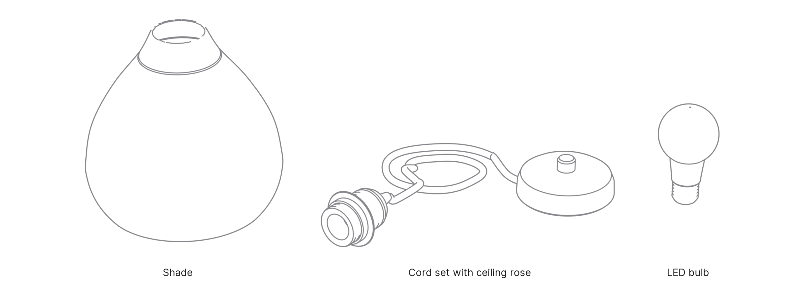 What's in the box with Drop, Large: shade, cord set with ceiling rose and LED bulb.