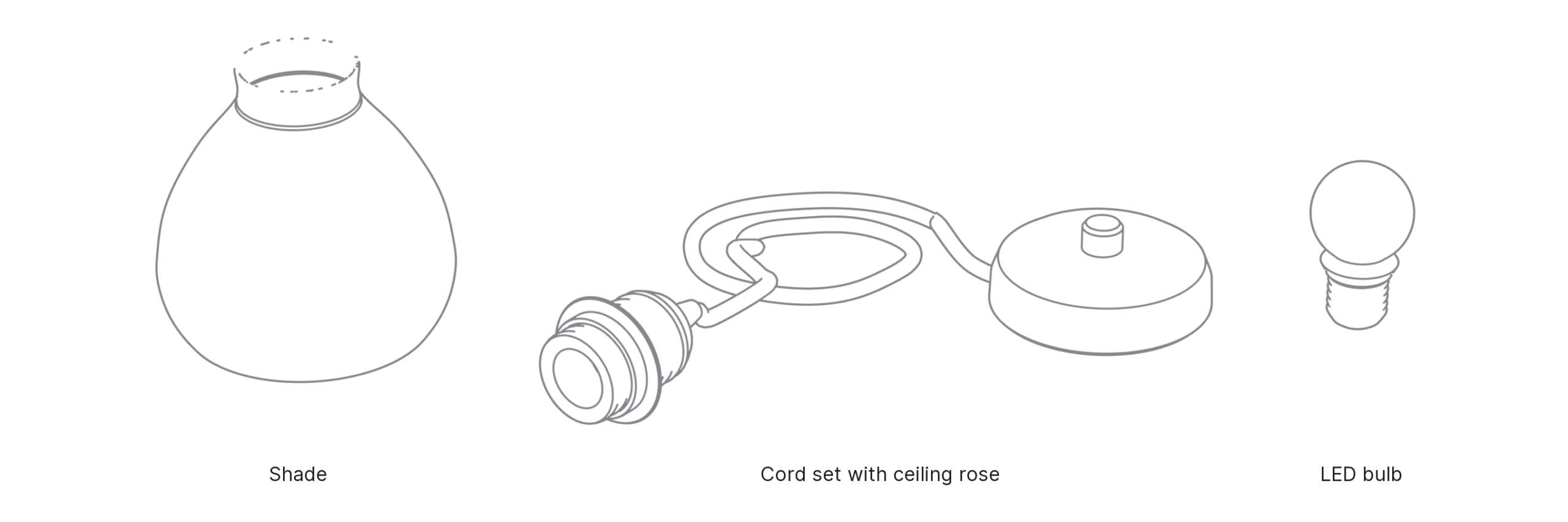 What's in the box with Drop, Small: shade, cord set with ceiling rose and LED bulb.