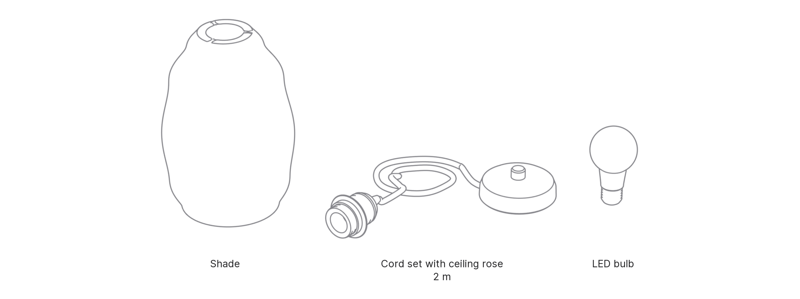 What's in the box with Egg, Large: shade, cord set with ceiling rose and LED bulb.