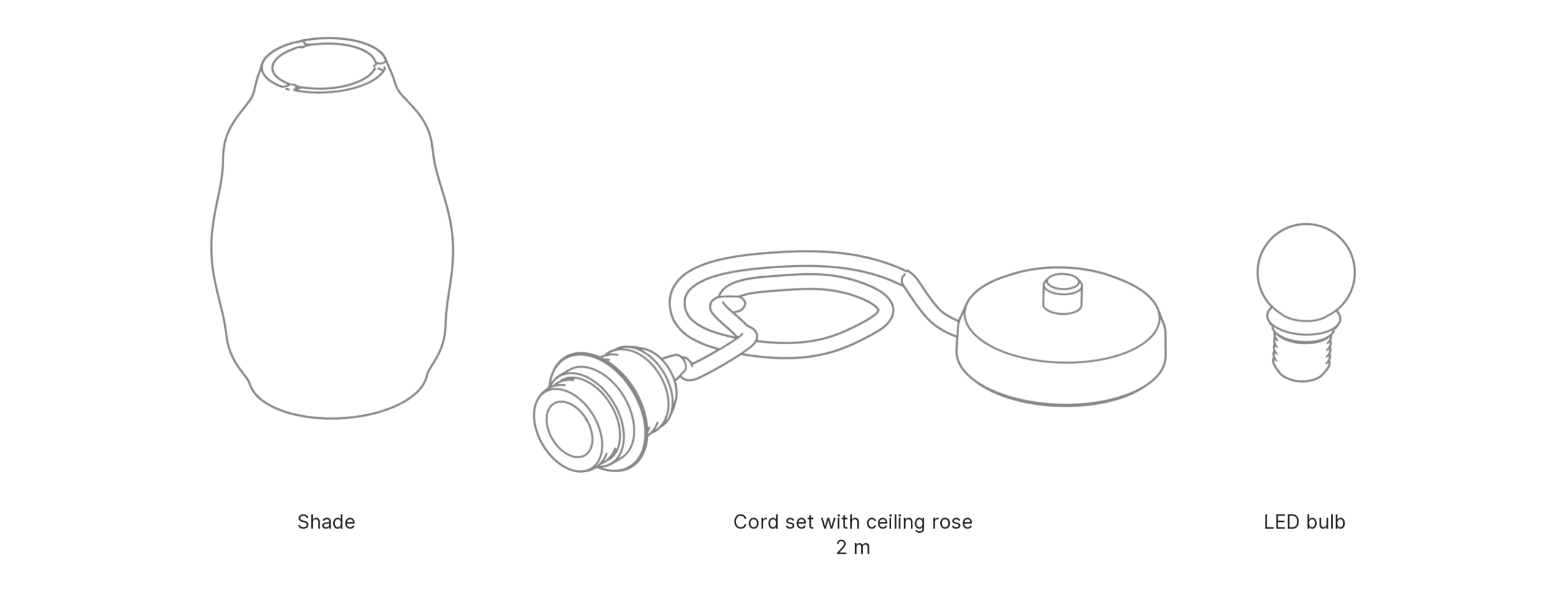 What's in the box with Egg, Small: shade, cord set with ceiling rose and LED bulb.