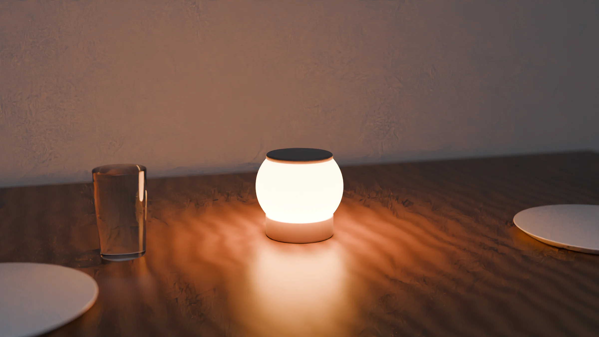 Hotaru lamp glowing warm on a wooden table