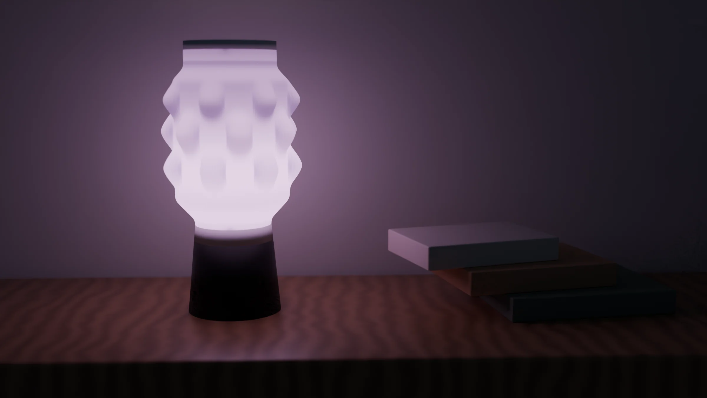 A small table lamp lit in Lavender beside a stack of books