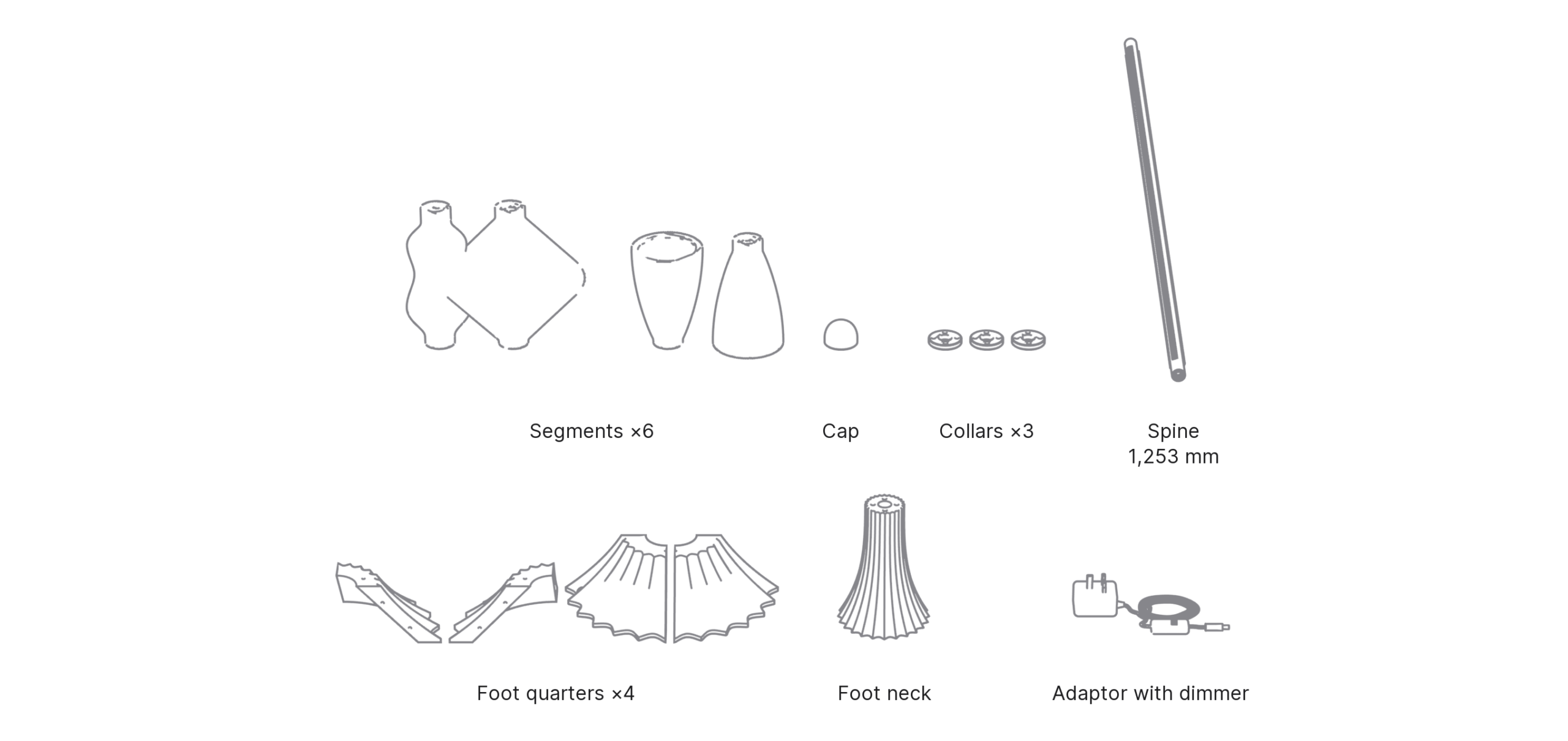 What's in the box with Finial: segments ×6, cap, collars ×3, foot quarters ×4, foot neck, spine 1,253 mm and adaptor with dimmer.