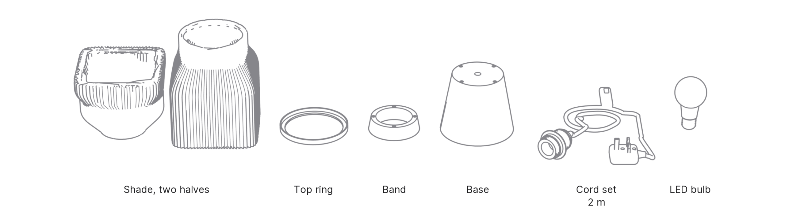 What's in the box with Fins, Large: shade, two halves ×2, top ring, band, base, cord set and LED bulb.