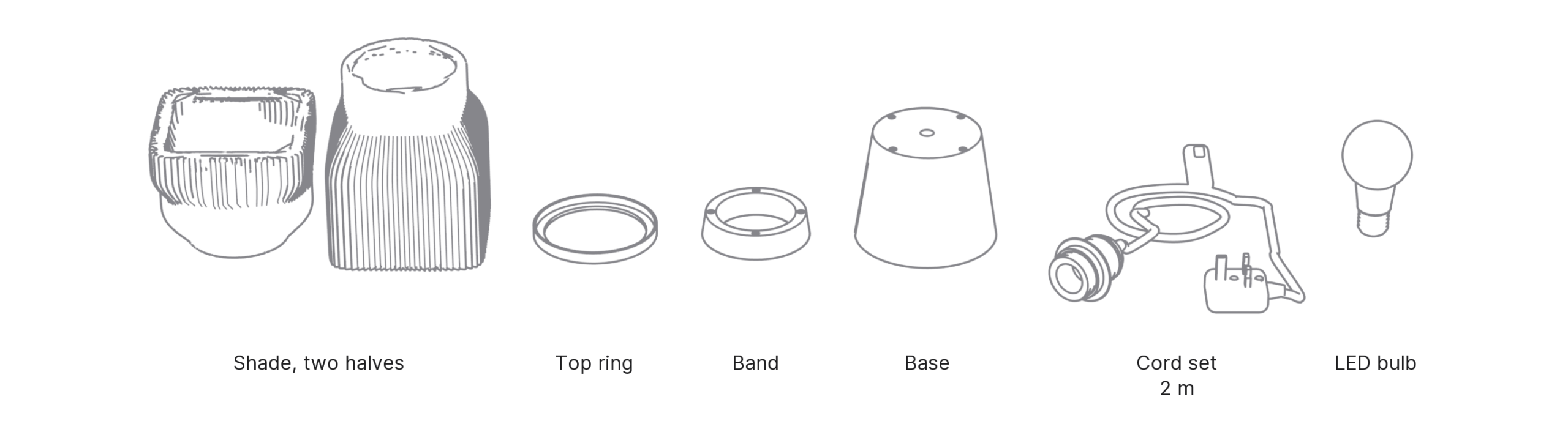 What's in the box with Fins, Medium: shade, two halves ×2, top ring, band, base, cord set and LED bulb.